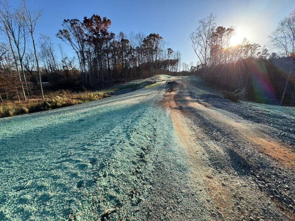 Large commercial lot frontage hydroseeded by TerraSeed in the NC Piedmont