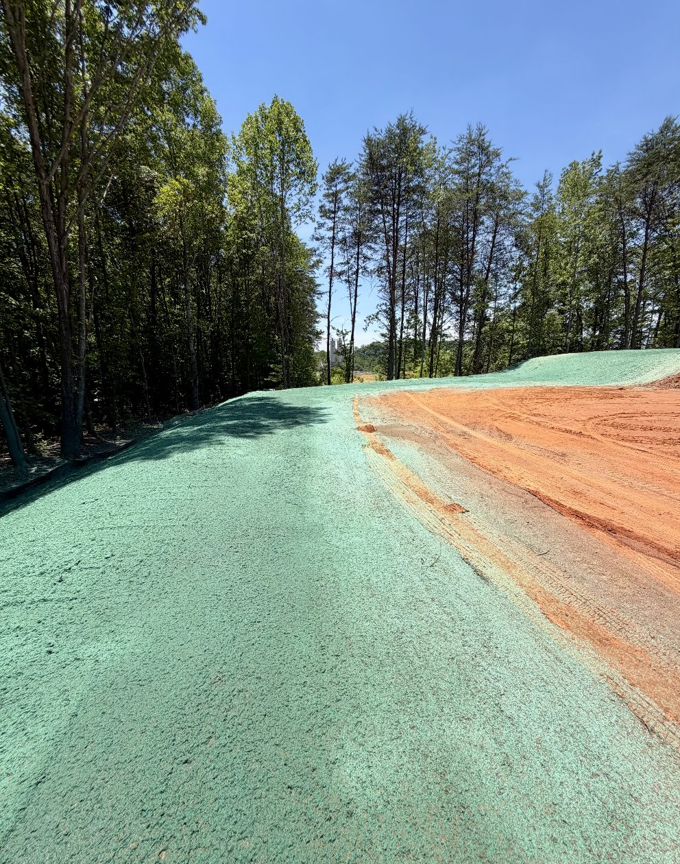 Bonded Fiber Matrix erosion control on a wooded roadway cut slope in the NC Piedmont