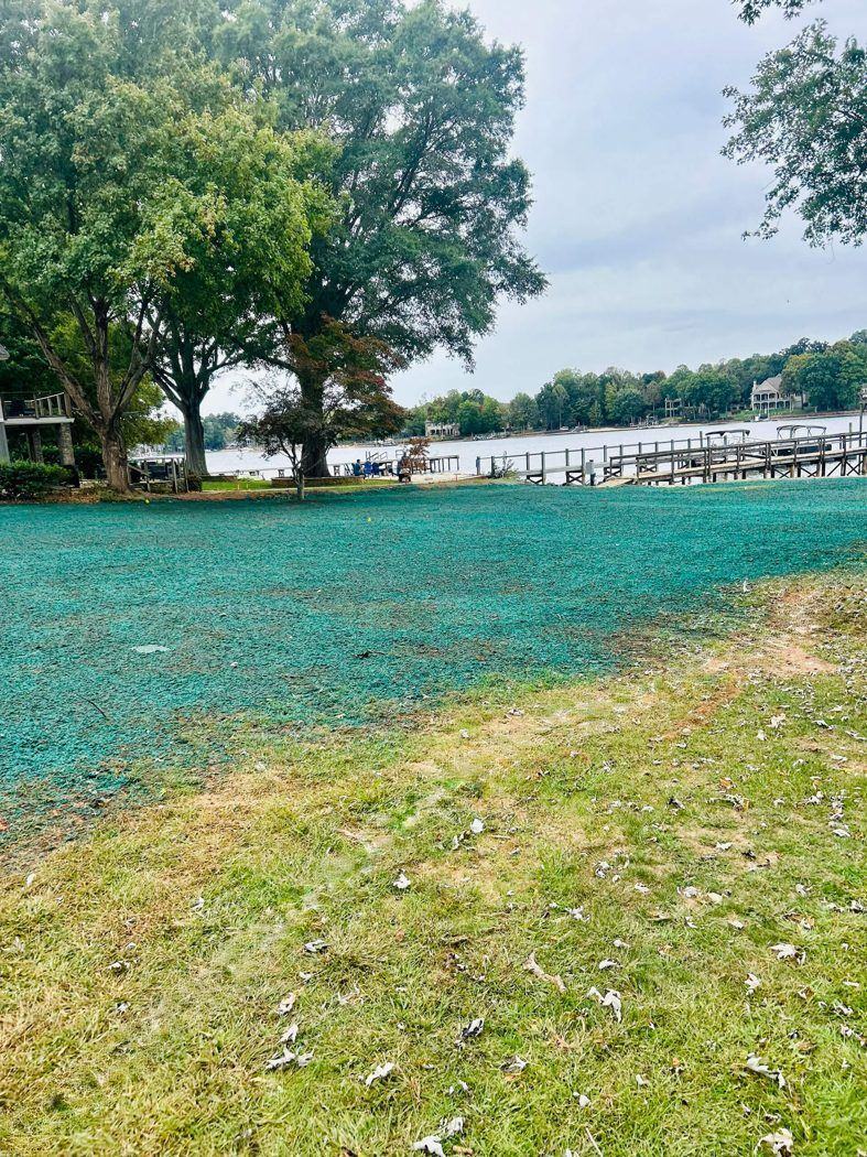 Lake Norman waterfront home with fresh hydroseeded lawn
