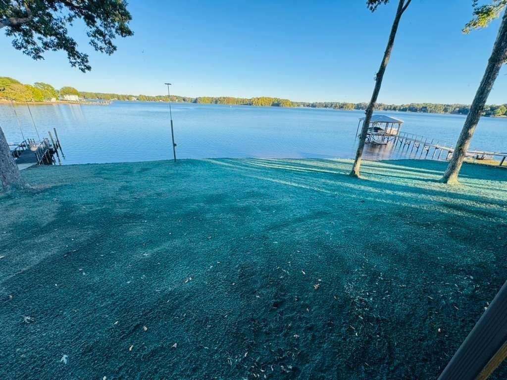 Lakefront lawn with dock view, freshly hydroseeded — NC Piedmont
