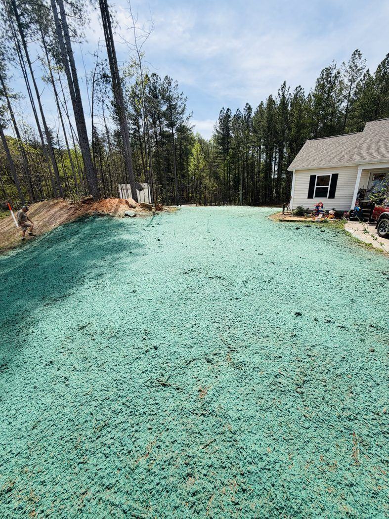 Long residential front yard with hydroseed application, NC